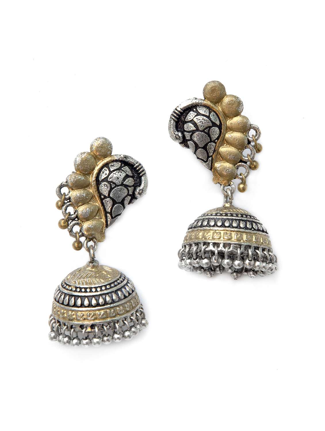 peacock with ghungroo pattern dual tone brass earrings