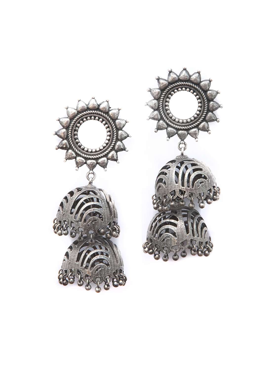 double pattern silver tone brass jhumka