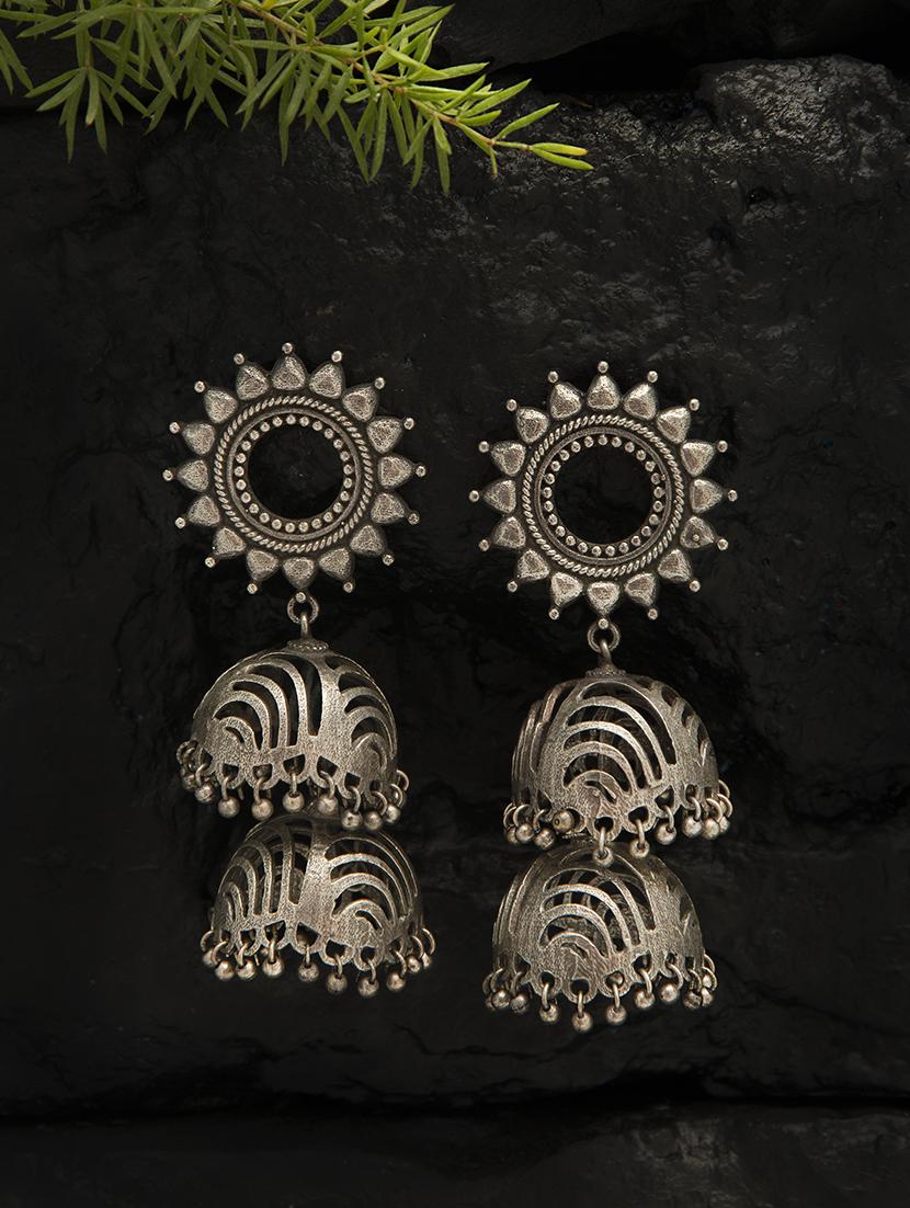 double pattern silver tone brass jhumka - 19768523 -  Standard Image - 1