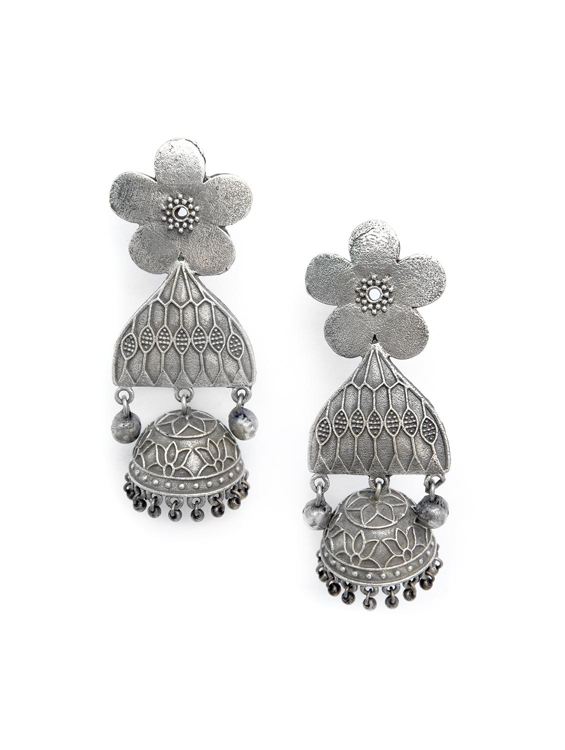 flower style silver tone brass jhumka - 19768524 -  Zoom Image - 0