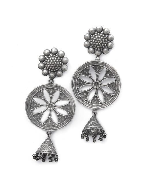 round shape with leaf pattern silver tone brass jhumka - 19768526 -  Standard Image - 0