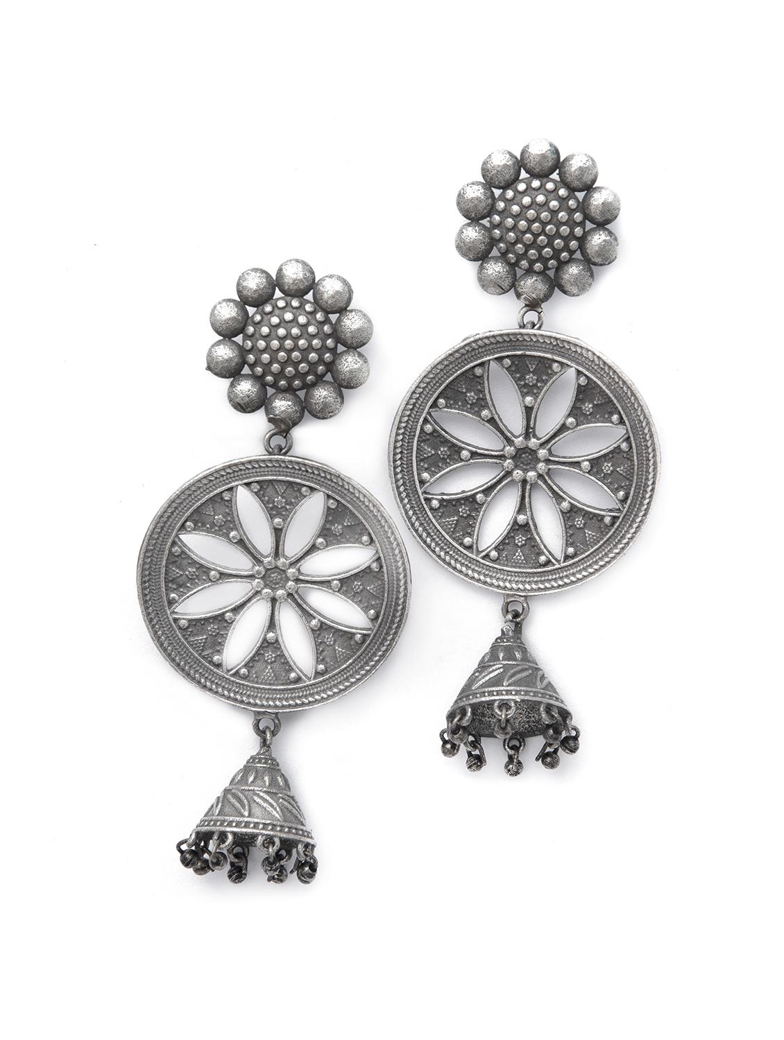 round shape with leaf pattern silver tone brass jhumka - 19768526 -  Zoom Image - 0