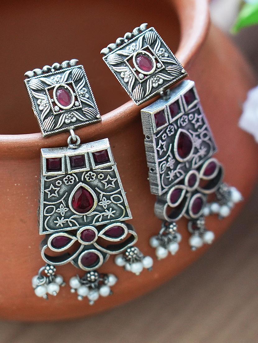 white beads long length style silver tone brass earrings - 19768537 -  Zoom Image - 0