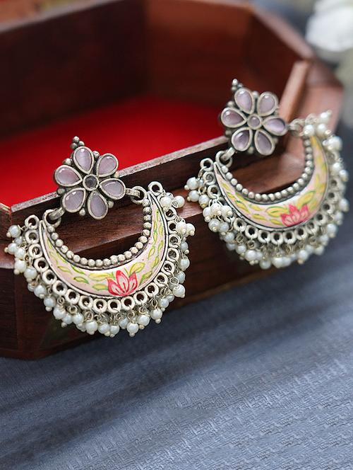 moon shape white beads pattern silver tone brass earrings - 19768551 - Standard Image - 0
