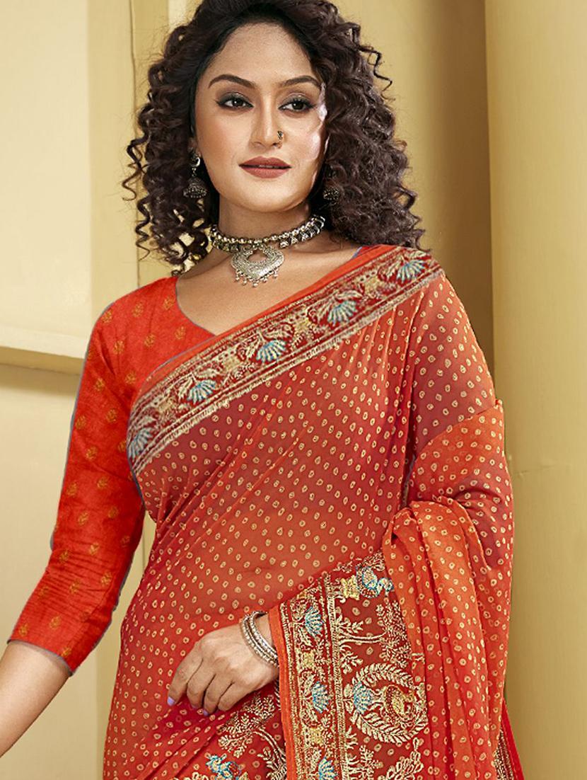 orange printed saree with blouse - 19771390 - Standard Image - 1