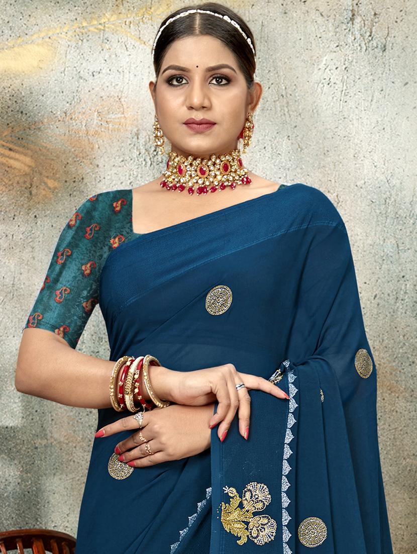 blue printed saree with blouse - 19771420 - Standard Image - 1
