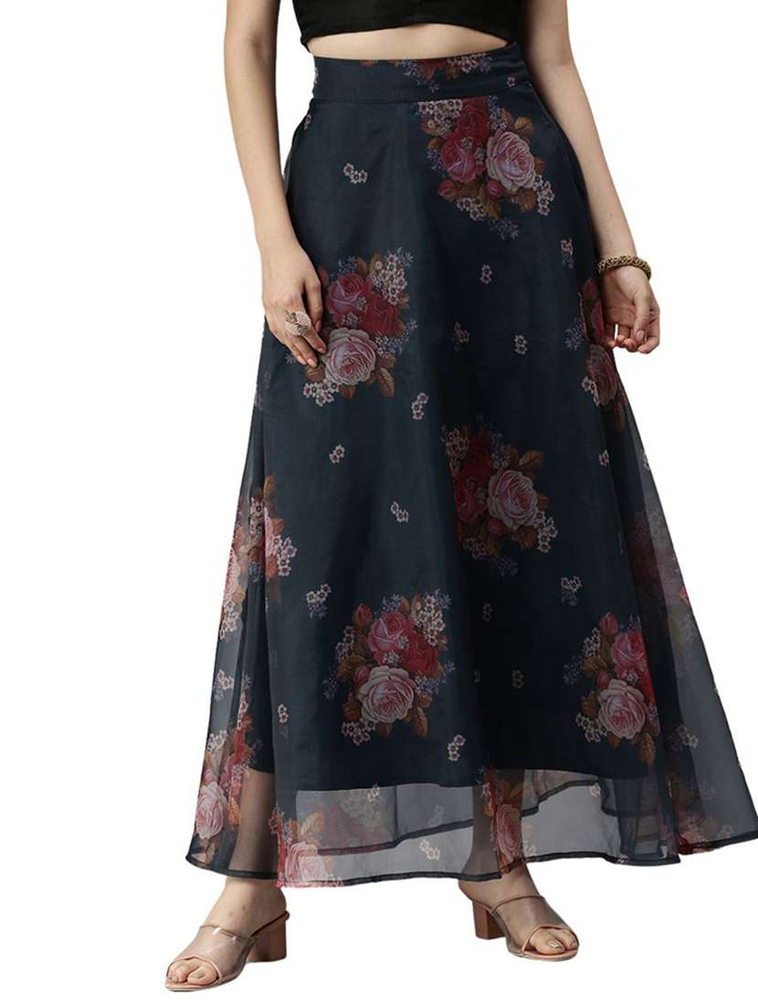 blue printed polyester straight skirt