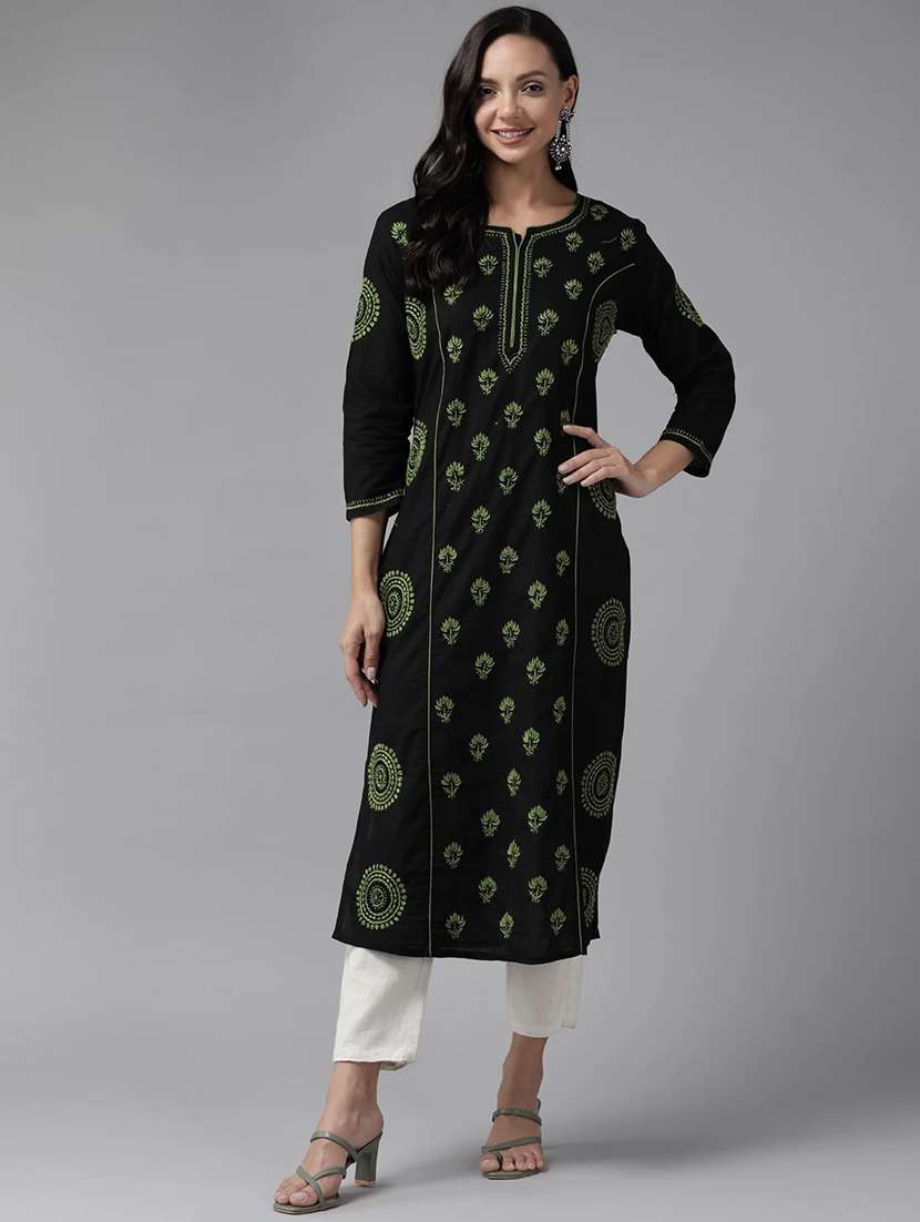 black long women chikankari straight kurta