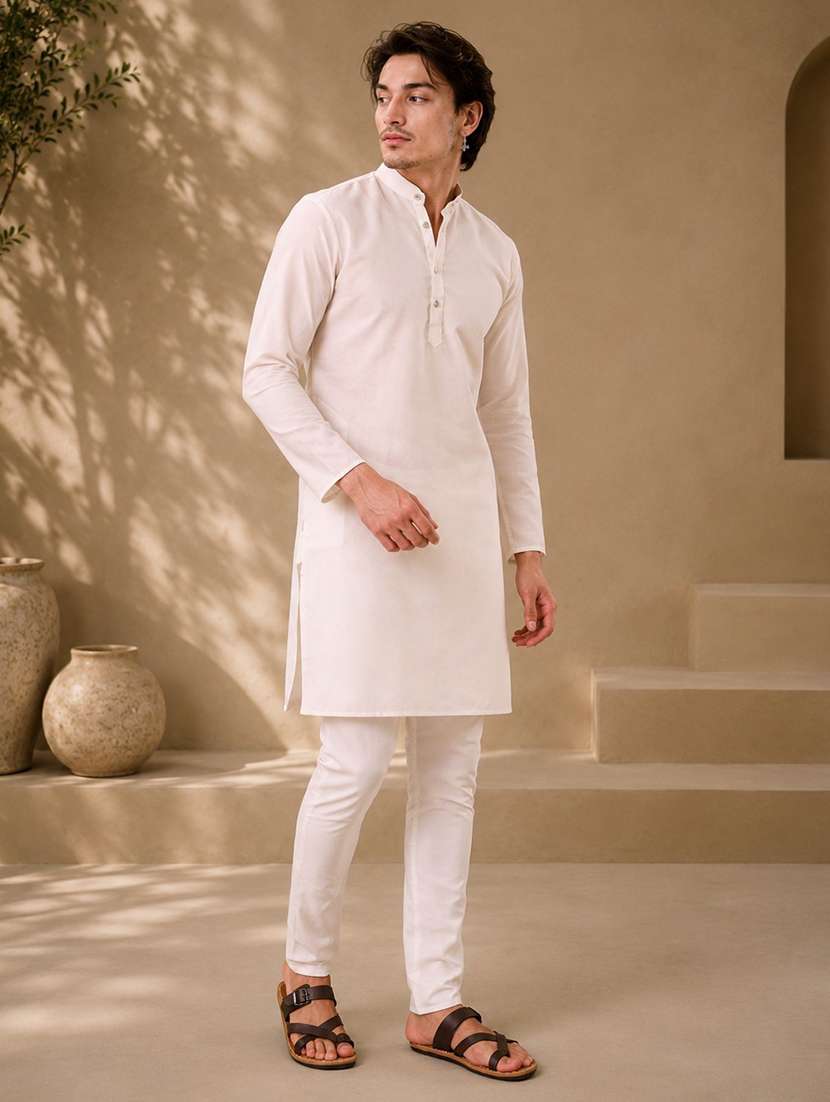 men solid mandarin neck long kurta