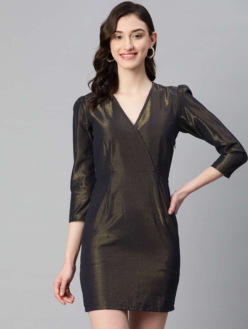 women's overlap neck bodycon metallic dress