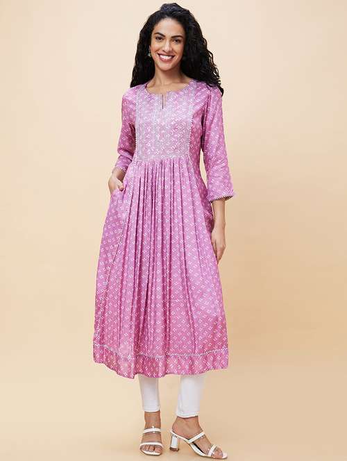 globus women mauve embroidered & sequinned yoke allover bandhani printed pleated a-line kurta - 19779214 -  Standard Image - 0