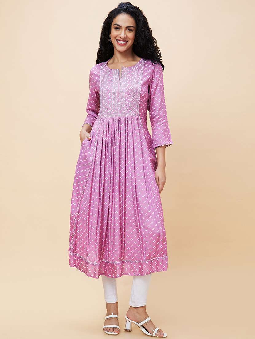 globus women mauve embroidered & sequinned yoke allover bandhani printed pleated a-line kurta - 19779214 -  Zoom Image - 0