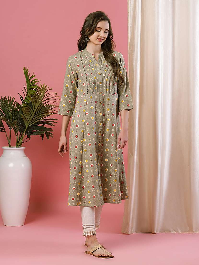 mandarin neck printed front slit kurta - 19779233 -  Standard Image - 1