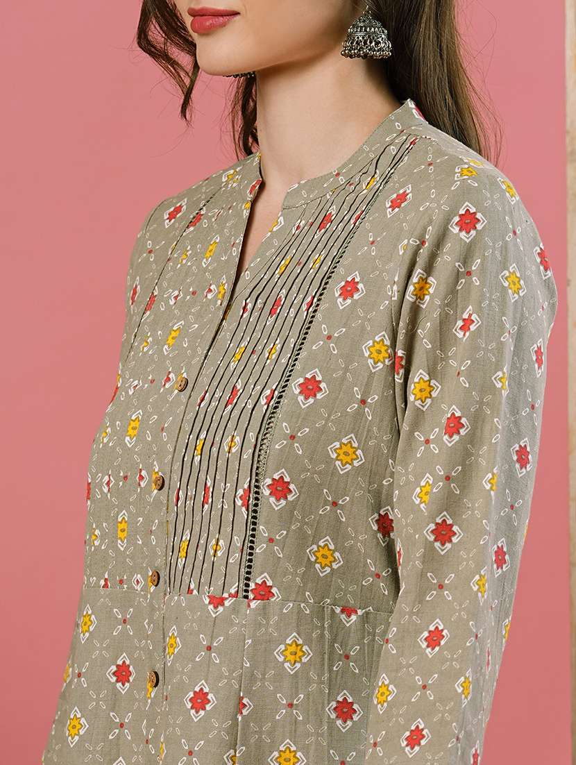 mandarin neck printed front slit kurta - 19779233 -  Standard Image - 4