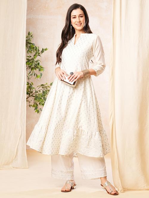 globus women off white mandarin collar sequinned silver foil print panelled anarkali kurta - 19779240 - Standard Image - 0