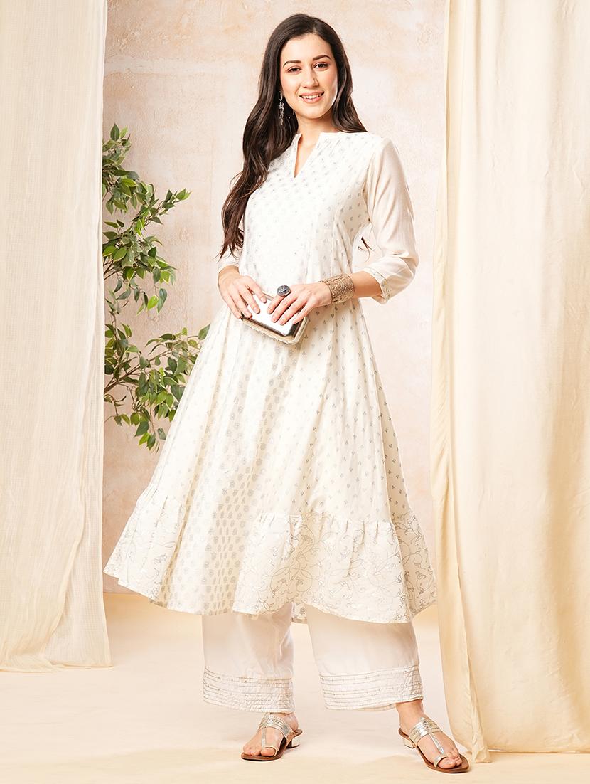 globus women off white mandarin collar sequinned silver foil print panelled anarkali kurta - 19779240 - Zoom Image - 0