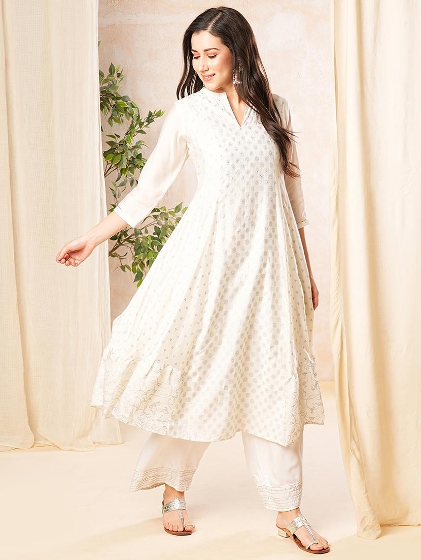 globus women off white mandarin collar sequinned silver foil print panelled anarkali kurta - 19779240 - Standard Image - 1