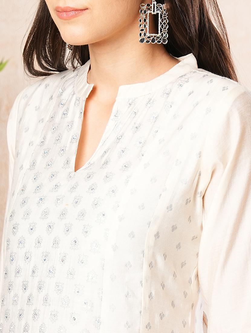 globus women off white mandarin collar sequinned silver foil print panelled anarkali kurta - 19779240 - Standard Image - 4