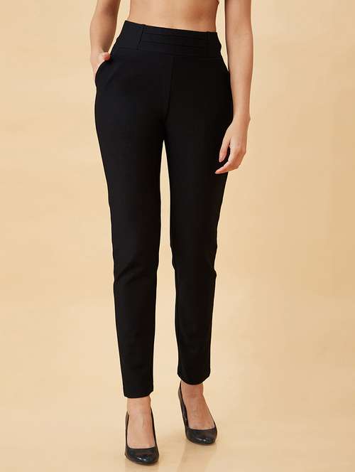 globus women black stretchable skinny fit workwear treggings with pockets - 19780366 -  Standard Image - 0