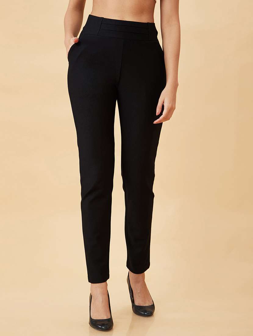 globus women black stretchable skinny fit workwear treggings with pockets - 19780366 -  Zoom Image - 0