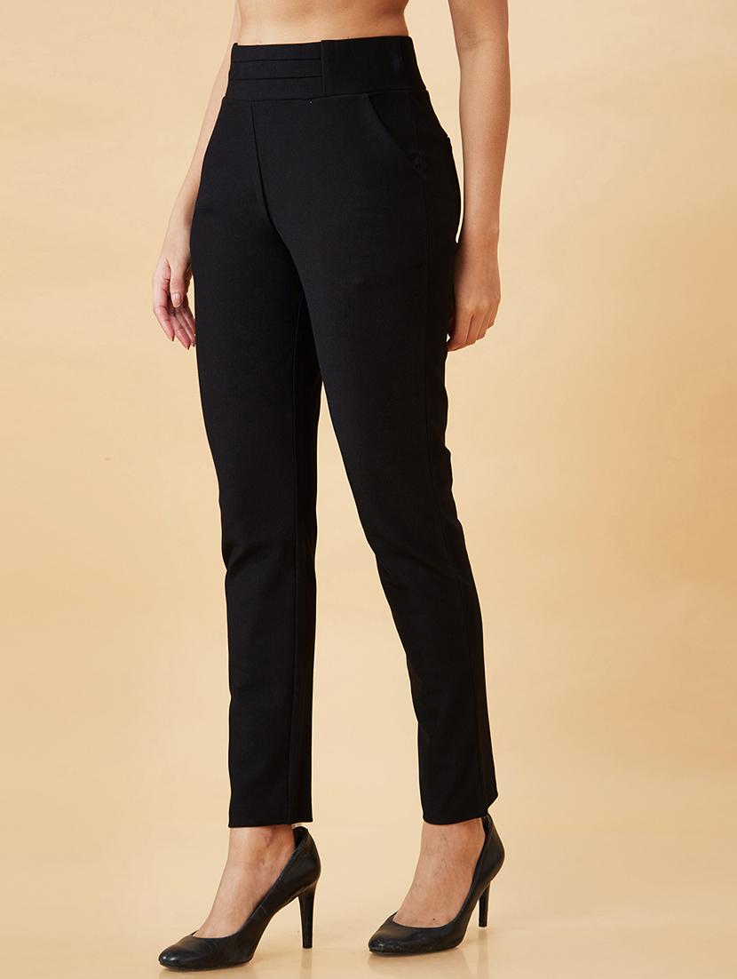 globus women black stretchable skinny fit workwear treggings with pockets - 19780366 -  Standard Image - 1