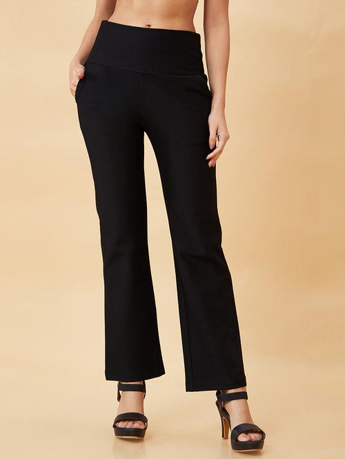 globus women black stretchable high waist workwear treggings with pockets - 19780372 -  Standard Image - 0