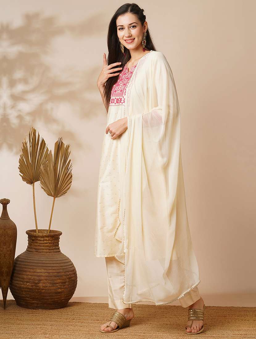 globus women off white embroidered yoke silver foil printed a-line kurta with narrow trousers & dupatta  - 19780823 -  Standard Image - 1
