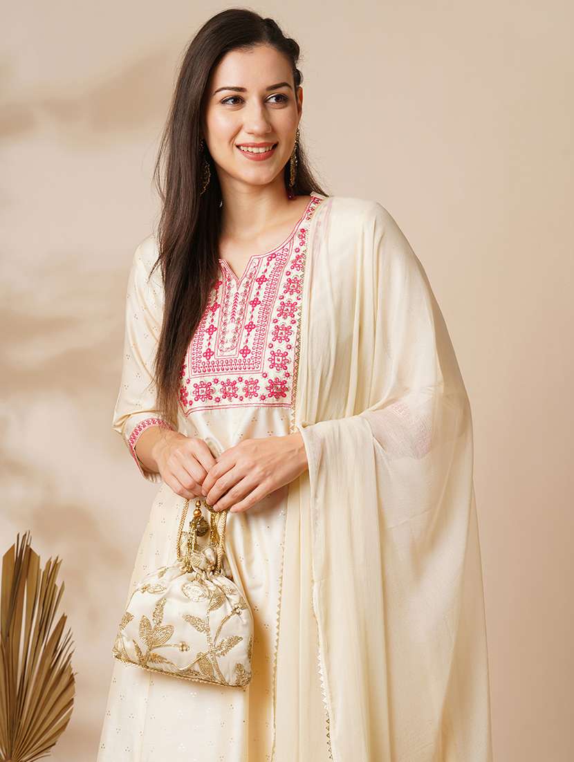 globus women off white embroidered yoke silver foil printed a-line kurta with narrow trousers & dupatta  - 19780823 -  Standard Image - 4