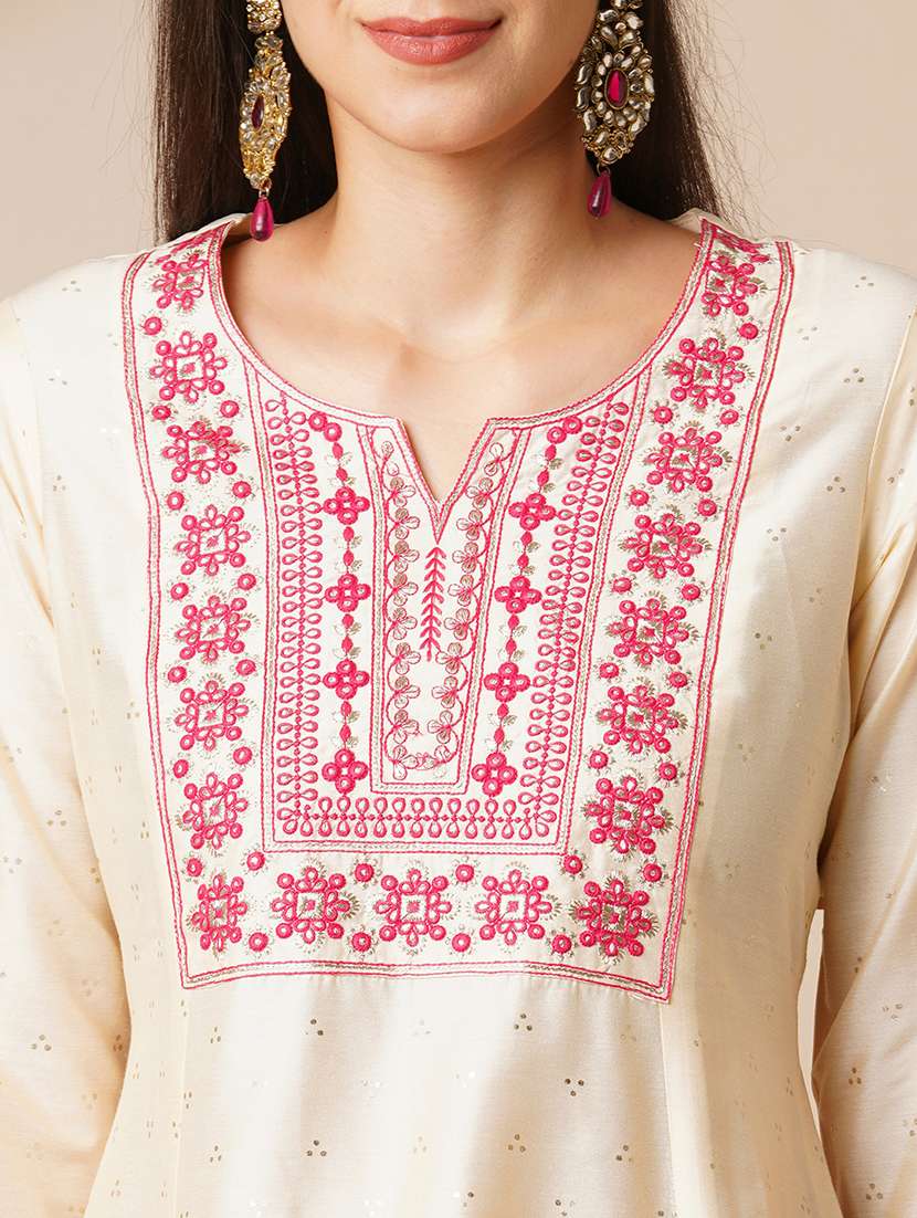 globus women off white embroidered yoke silver foil printed a-line kurta with narrow trousers & dupatta  - 19780823 -  Standard Image - 6