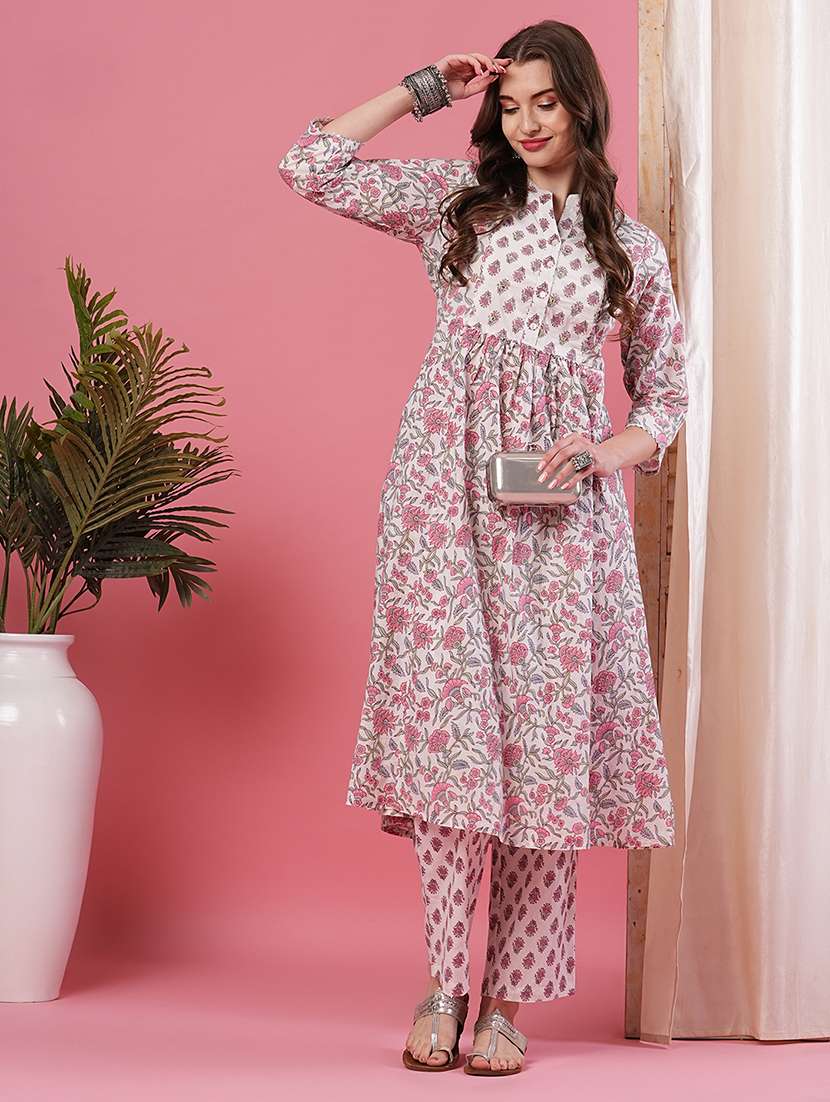 globus women ivory band neck floral printed a-line kurta with printed trousers