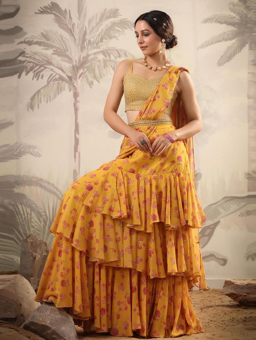 floral print ruffle draped saree with waist belt with blouse - 19781247 -  Standard Image - 1