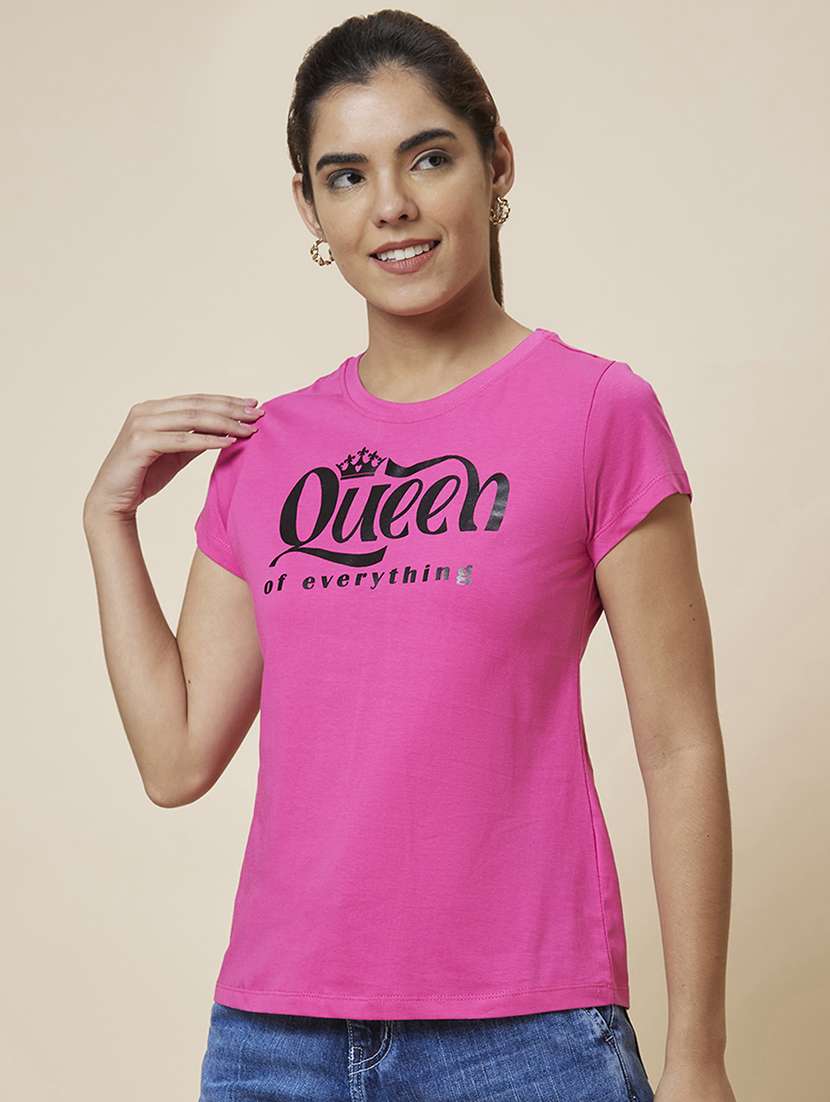 women's chest print round neck t-shirt - 19781379 -  Standard Image - 1