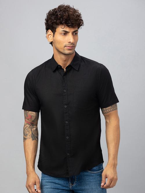globus men black short sleeves cotton curved hem shirt with patch pocket - 19782651 -  Standard Image - 0