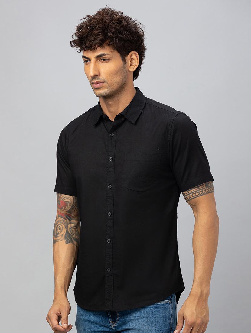 globus men black short sleeves cotton curved hem shirt with patch pocket - 19782651 -  Standard Image - 1