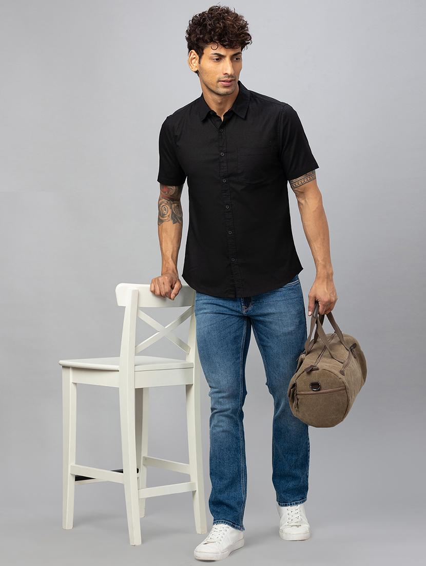 globus men black short sleeves cotton curved hem shirt with patch pocket - 19782651 - Standard Image - 4