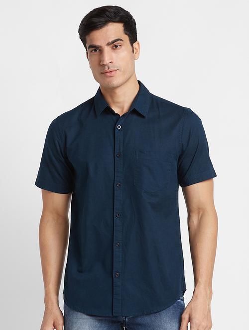 globus men blue opaque regular fit spread collar linen shirt - 19782657 -  Standard Image - 0