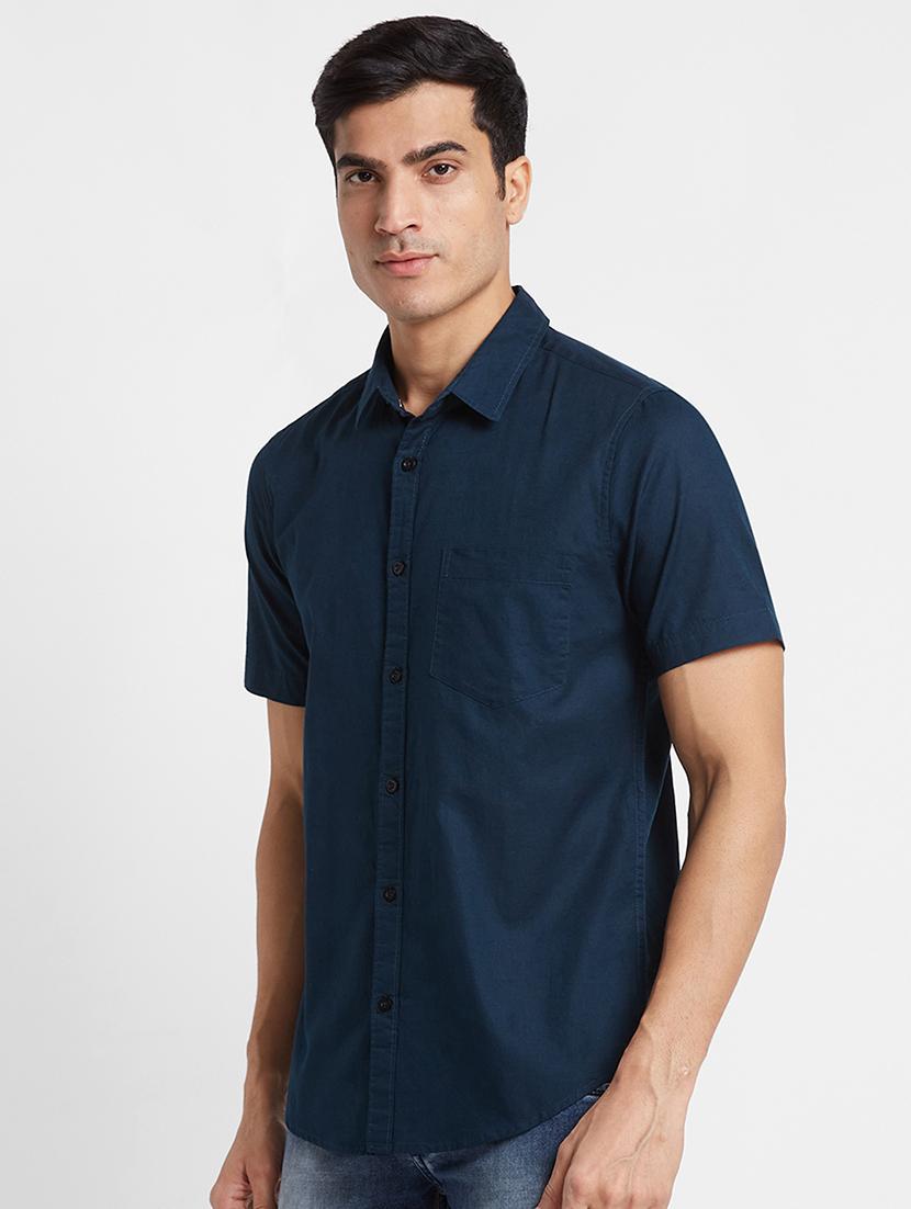 globus men blue opaque regular fit spread collar linen shirt - 19782657 -  Standard Image - 1