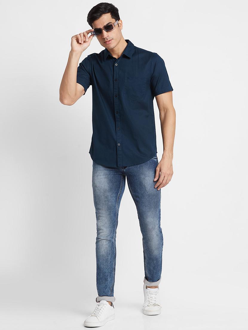 globus men blue opaque regular fit spread collar linen shirt - 19782657 - Standard Image - 4