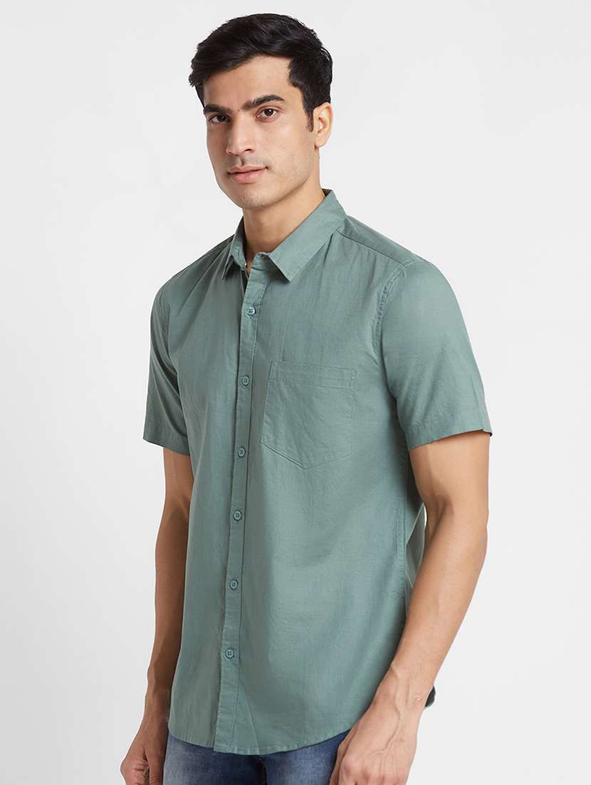 globus men olive short sleeve pure cotton casual shirt - 19782666 -  Standard Image - 1