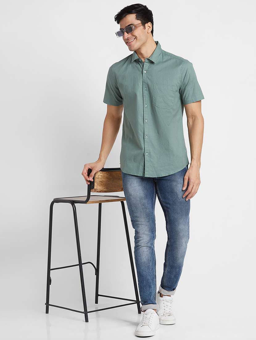 globus men olive short sleeve pure cotton casual shirt - 19782666 -  Standard Image - 4