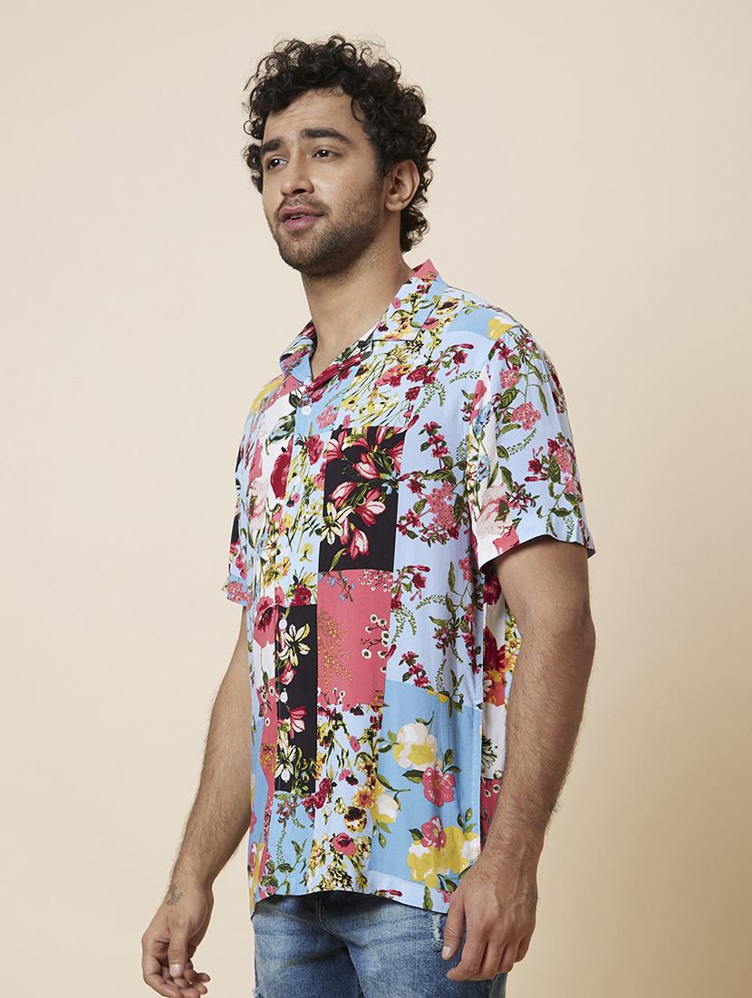 globus men blue cuban collar floral patch print opaque casual shirt - 19782680 -  Standard Image - 1