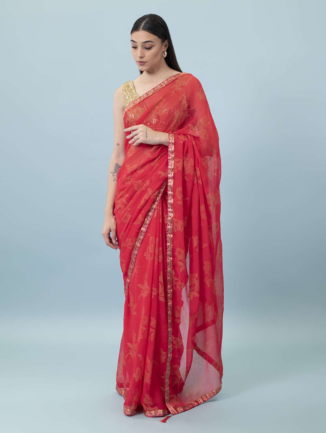 women's foil print pink colored saree