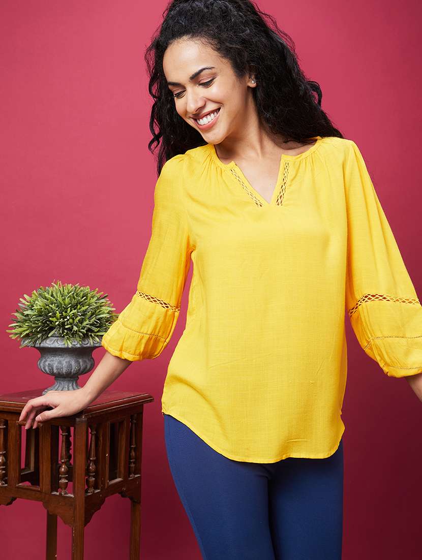 globus women yellow v-neck puff sleeves work wear top