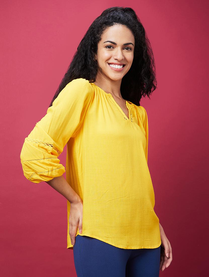 globus women yellow v-neck puff sleeves work wear top - 19783735 -  Standard Image - 1