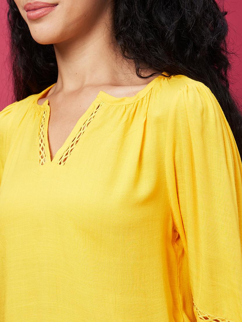 globus women yellow v-neck puff sleeves work wear top - 19783735 - Standard Image - 4