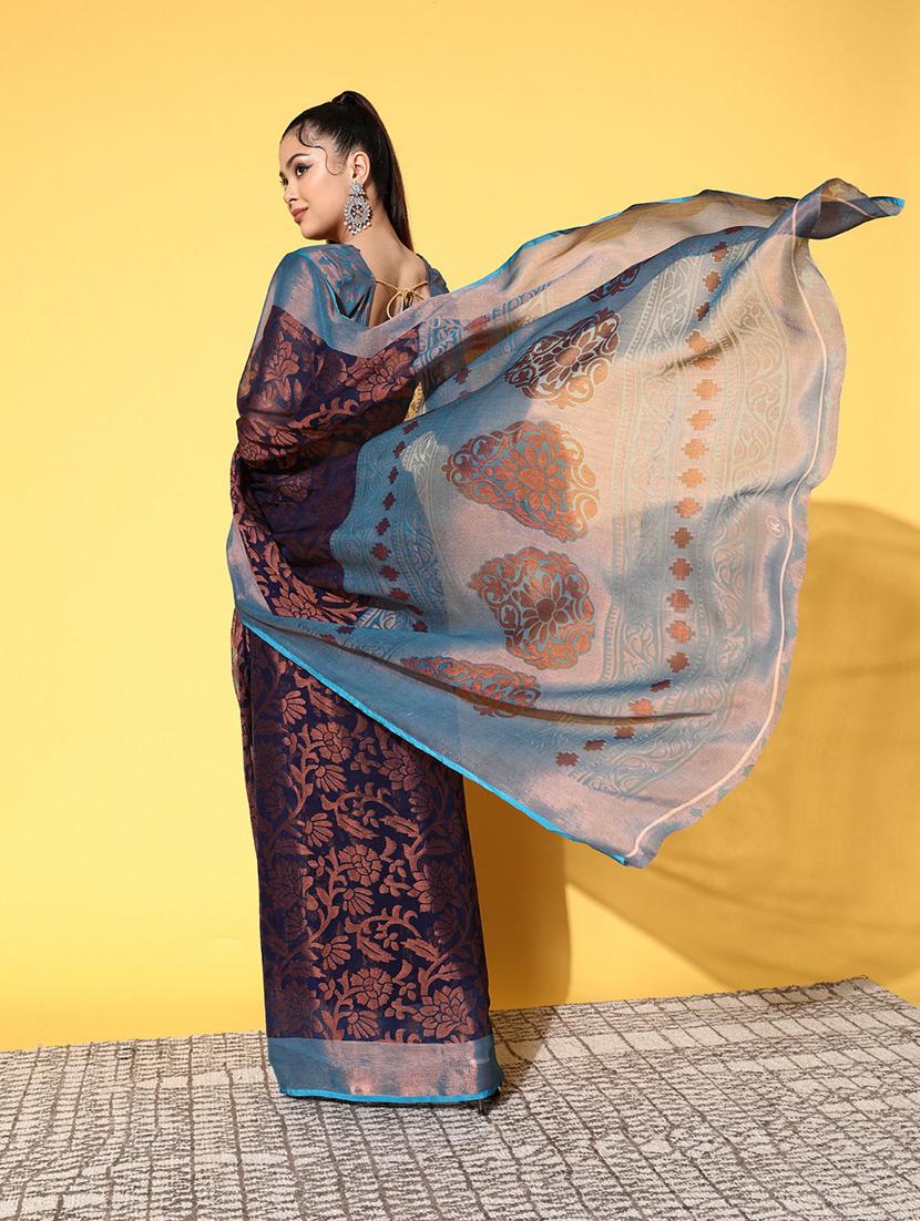 foil print woven saree with blouse - 19784125 -  Standard Image - 1