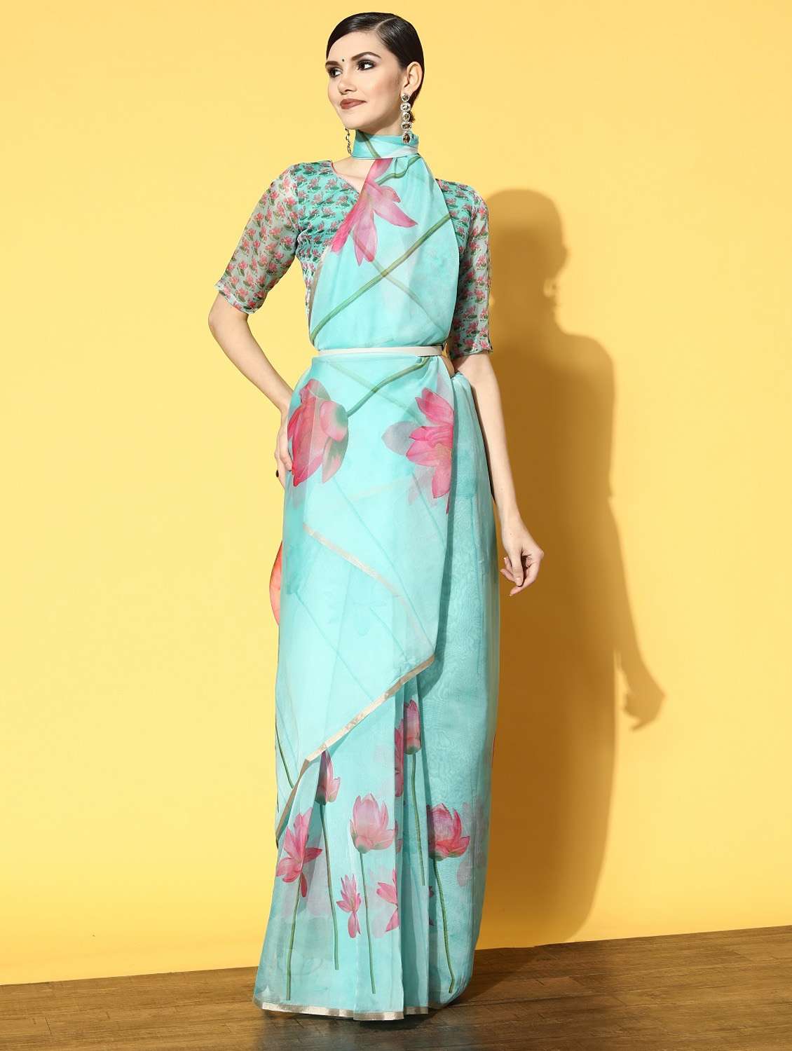 women's floral aqua blue colored saree - 19784180 -  Standard Image - 1
