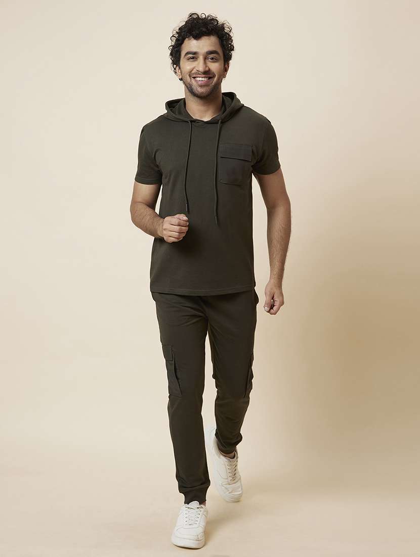 men olive solid short sleeve active wear co-ord set