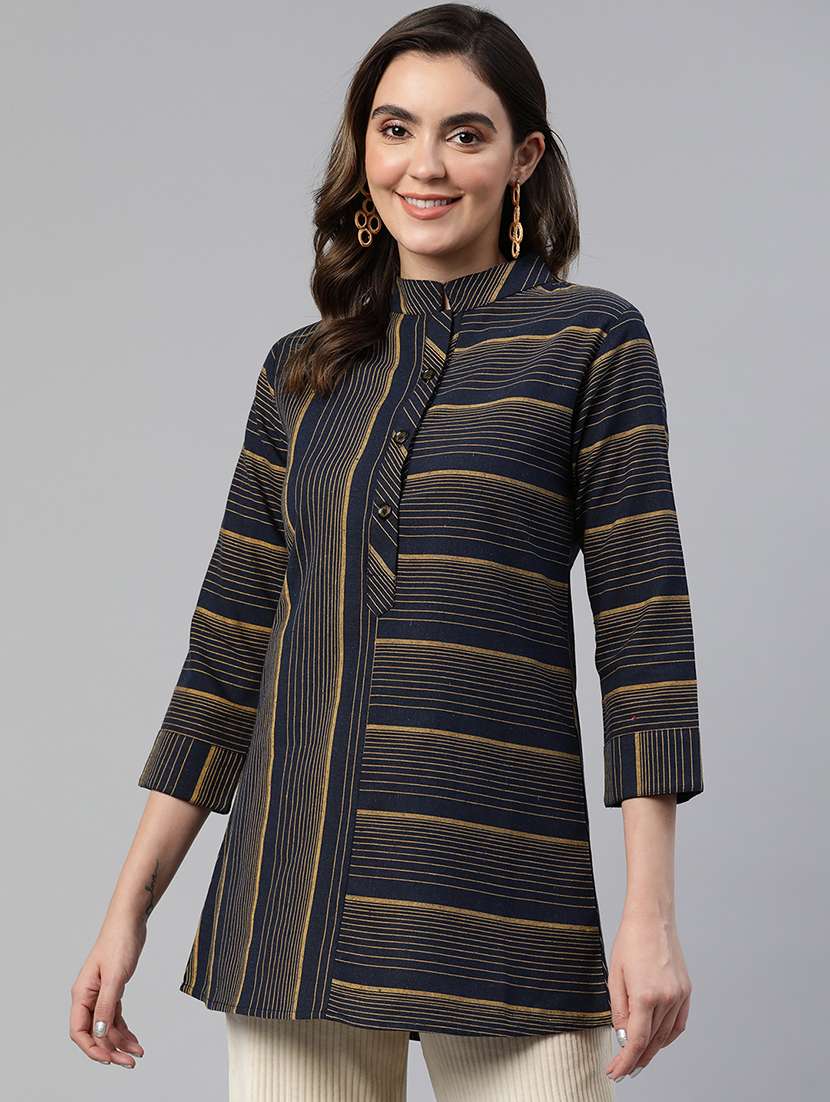 women striped mandarin neck a-line kurti