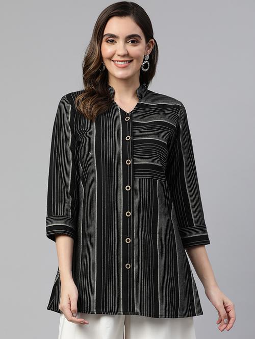 women black striped three quarter sleeve kurti - 19784857 - Standard Image - 0